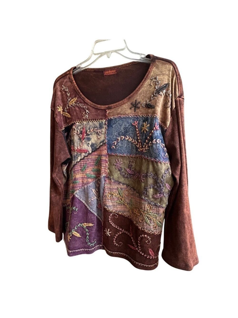 Vintage Windhorse Boho Patchwork Embroidered Long Sleeve Wearable Art Top - Picture 5 of 12